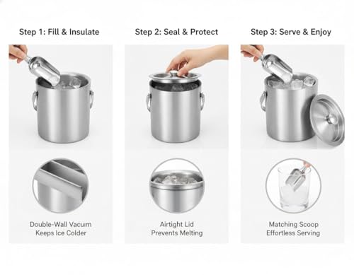 Image of FINALITY Double Wall Stainless Steel Ice Bucket 1.5 Litre with Ice Scoop & Handle - Keeps Ice Cold for 6 Hours - Premium Beer Bucket, Ice Box for Wine & Bar Accessories for Home