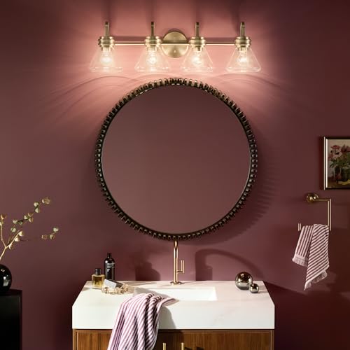 Image of Kichler Farum 34 inch 4-Light Bathroom Vanity Light Fixture with Clear Glass in Champagne Bronze for Single or Double Vanity, Modern Lighting Fixture (34 inch x 9.5 inch x 9.5 inch), 55156CPZCLR