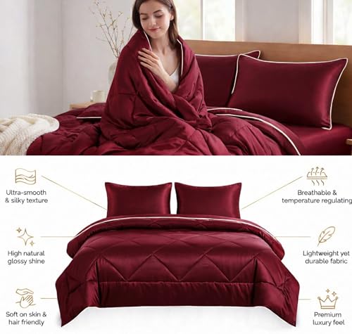 Image of SANMARINO Satin Silk Comforter Set for Double Bed - 300 TC Premium Satin Bedsheet with Pillow Covers, Luxury Complete Bedding Set, Soft Silky Finish, Bedroom Home Furnishing Gift Set - Wine Red Satin