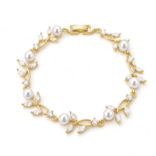 Zeffy Gold Pearl CZ Wedding Bridal Link Bracelet for Brides Bridesmaids