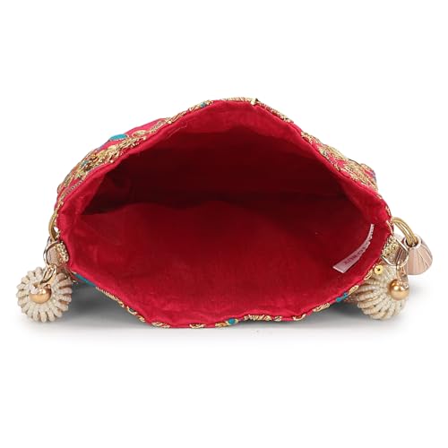 Image of LONGING TO BUY Indian Embroidered Pearl Potli Bag For Women, Sequence Design with Tassel, Wedding Potli Bags