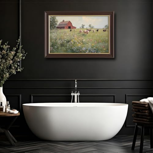 Image of Framed Vintage Cow Farm Canvas Art, Red Barn Meadow Cattle Oil Painting Canvas Prints Pictures, Rustic Farmhouse Wall Decor for Living Room Bedroom Farmhouse Home