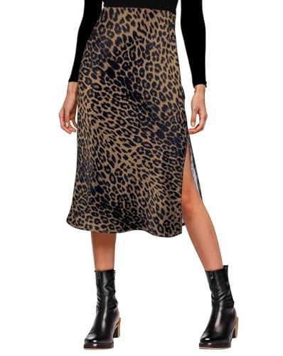 Amy Babe Womens Satin Silk High Waist Slit Midi Skirt Elastic Waistband Midi Skirts for Women Leopard Brown