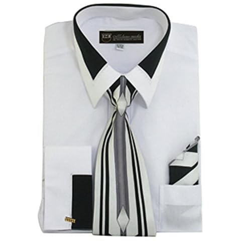 Milano Moda High Fashion Dress Shirt with Contrast Design Tie, Hankie & Cuffs White-17-17 1/2-34-35 Cover