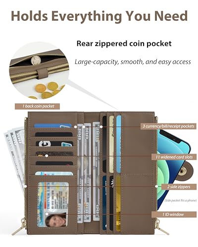 Image of Gray Women's Slim Wallet,Thin RFID Card Holder with Zipper Pocket | 12 Slot Wallet Organizer, Large Capacity, Vegan Leather, Coin Purse, Cash Compartment, Travel Wallet, Women Gift
