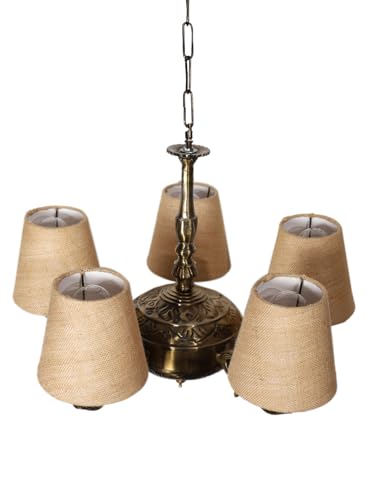 Image of Devansh 05 Lights Beige Jute conical Shade with Antique Golden Chandelier