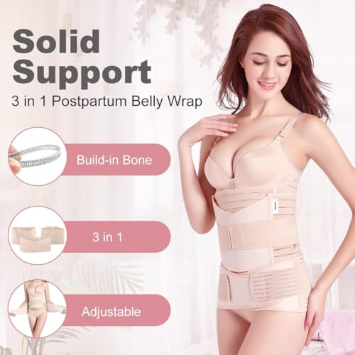 Image of Amazon Brand - Solimo 3-In-1 Postpartum Belly Band Post Pregnancy Abdominal Belt After Delivery Waist & Pelvis Slimming Shapewear Tummy Reduction (Free Size) (Beige)
