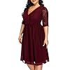 Pinup-Fashion-Womens-Plus-Size-Lace-Top-Wrap-V-Neck-Half-Sleeves-Cocktail-Party-Dress Pinup Fashion Plus Size Cocktail Dresses Women Burgundy Red Lace Top Chiffon Wedding Guest Semi-Formal Maroon Evening Party Wrap Dress