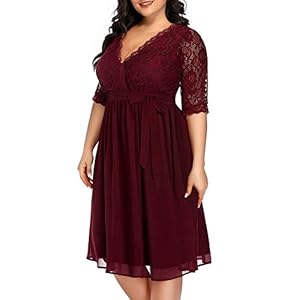 Pinup Fashion Plus Size Cocktail Dresses Women Burgundy Red Lace Top Chiffon Wedding Guest Semi-Formal Maroon Evening Party Wrap Dress