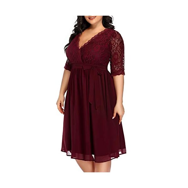 Pinup-Fashion-Womens-Plus-Size-Lace-Top-Wrap-V-Neck-Half-Sleeves-Cocktail-Party-Dress Pinup Fashion Plus Size Cocktail Dresses Women Burgundy Red Lace Top Chiffon Wedding Guest Semi-Formal Maroon Evening Party Wrap Dress
