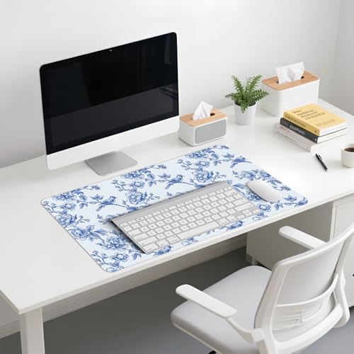 Image of Navy Blue Chinoiserie Mouse Pad,Vintage Blue and White Floral Desk Mat,XL Large Flowers and Birds Preppy Mouse Pad,Girly Laptop Desk Mat for Dorm Home Office,23.6x11.8 Inch