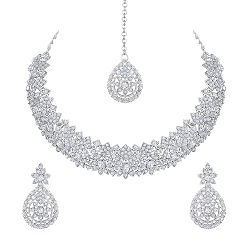 Image of Atasi International Silver Plated White Crystals American Diamonds Stylish Necklace Set with Earrings and Maang Tikka for Women and Girls | Stylish Jewellery for Party, Wedding and Festive Occasions (R6156)
