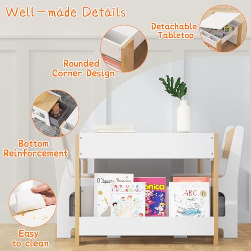 Kids-Table-and-Chair-Set-4-in-1-Wooden-Activity-Table-2-Chairs-with-Storage-Drawer-Detachable-Tabletop-for-Toddlers-Kids-Drawing-Reading-Crafts-ArtHomework-Nursery-Playroom Kids Table and Chair Set 4 in 1 Wooden Activity Table 2 Chairs with Storage Drawer Detachable Tabletop for Toddlers Kids Drawing Reading Crafts ArtHomework Nursery Playroom