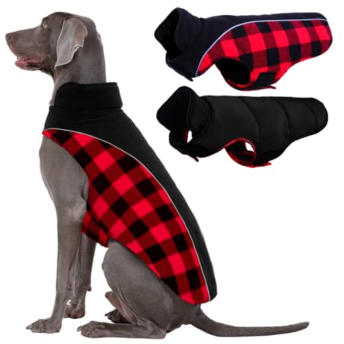 Kuoser Dog Winter Coat, Reversible Waterproof Dog Jacket with Reflective Strip, Warm Dogs Fleece Vest Adjustable Doggy Cold Weather Clothes Plaid Christmas Outfit Pet Apparel for Small Dogs,