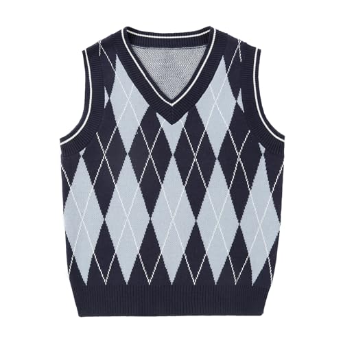Boys Argyle Sweater Vest V-Neck Uniform Sleeveless Vest Kids Over Size Casual Knit Sweaters for Children 5-14Y