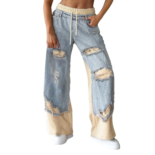 Womens Baggy Patchwork Jeans Wide Leg Drawstring Elastic Waist Ripped Y2k Stretchy Denim Pants Sweatpants Streetwear