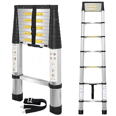 12.5FT Telescoping Ladder, Aluminum Lightweight Multi-Purpose Collapsible Extension, One-Touch Retraction Ladder,330lbs Load Capacity & Non-Slip Feet, for Home (Sliver, 12.5 FT (Cushion))