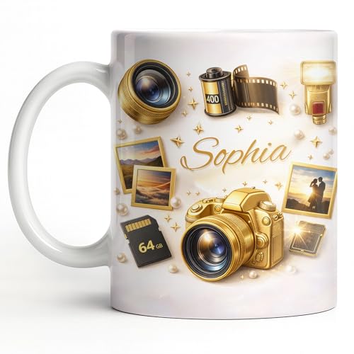 ALMAGEMSUS Personalized Camera Lens Coffee Mug for Photographers, Unique Photography