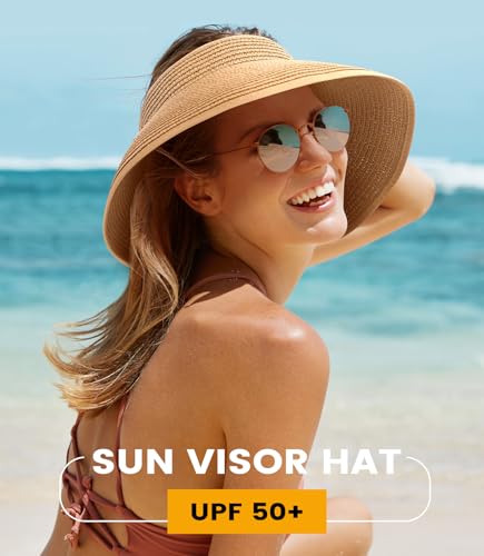 Image of Beach Sun Straw Hats for Women, UPF 50+ UV Sun Protection Wide Brim Summer Straw Hat Foldable Packable Roll up Cap