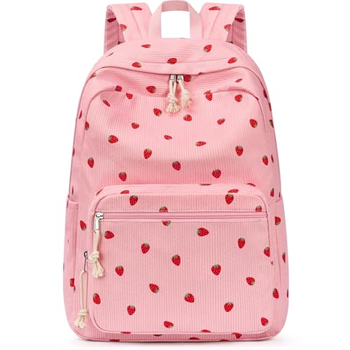mibasies School Backpack for Girls with Laptop Sleeve: 18IN Large Capacity Corduroy Bookbag for Primary Middle School/College, Travel Daypack for Teens Women - Red Strawberry