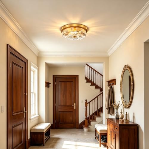Luminzone Flush Mount Ceiling Light with Water Ripple Glass Shade, Modern 3-Light Ceiling-Mount Light Fixtures for Bedroom Living Room Gold Metal Farmhous Ceiling Lamp for Lighting and Decoration — view 6