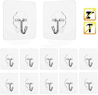 Jedebar Adhesive Hooks, 12pcs Self Sticky Hooks, Nail Free Heavy Duty Plastic Wall Hooks Waterproof Transparent Utility Hooks Stick On for Door Bathroom Towel Kitchen Utensils Hanging