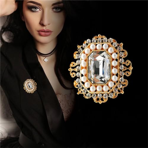 Image of WCRAZYE Antique Rhinestone Brooch Pin for Women Girls Gold Tone Vintage Baroque Rectangle Crystal Shell Pearl Boho Victorian Style Brooches Lapel Pins Elegant Wedding Christmas Festival Ornament Jewelry Gift