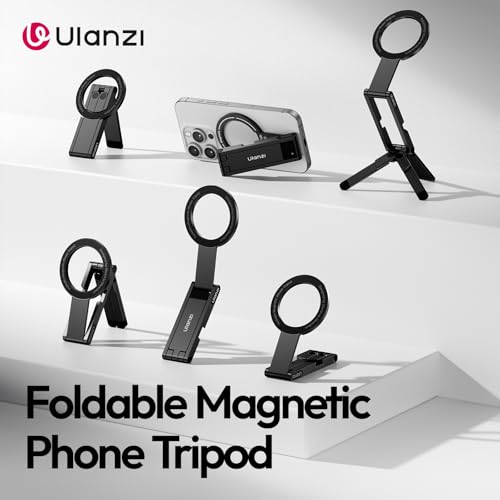 Image of ULANZI MA60 Magnetic Phone Tripod Stand for iPhone - Aluminium Smartphone Mini Tripod Pocket Cell Phone Stand Strong Magnet Quick Mount Compatible with iPhone 16 15 14 13 12 Series, Black