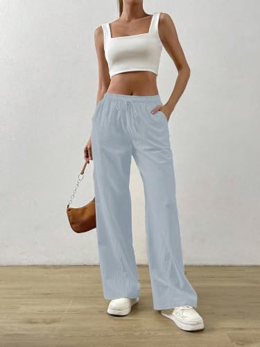 Image of TOPLOT Women's Linen Blend Wide Leg Palazzo Pants | Elastic Drawstring Waist Trousers for Woman | Relaxed Fit Casual Lounge Trousers | Breathable Straight Leg Everyday Bottom Wear (5268)