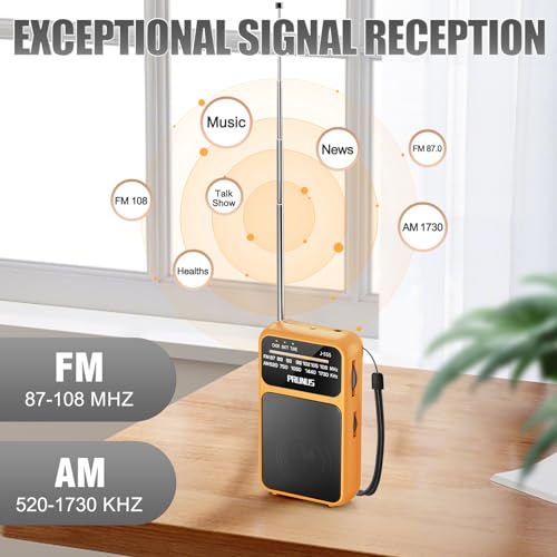 Image of PRUNUS J-555 Pocket Radio AM FM Built-in 800mAh Rechargeable battery /AAA Battery Operated, Excellent Reception Clear Speaker Earphone Jack, Back Clip, Flashlight, Transistor, Portable Mini USBC Charge