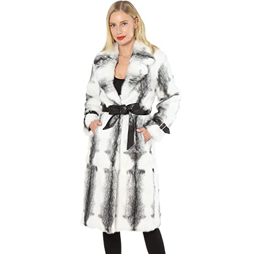 LVCOMEFF Women Real Rabbit Fur Long Coat Blue Green Black White Color Stripe with Belt