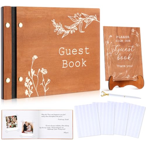 Image of Engrowtic Wooden Wedding Guest Book Set with Pen and Photo Stickers, 88 Lined Pages Keepsake Guest Book for Weddings, Celebrations, Memorial, 9x7 Personalized Guestbook in Hard Cover and Table Sign