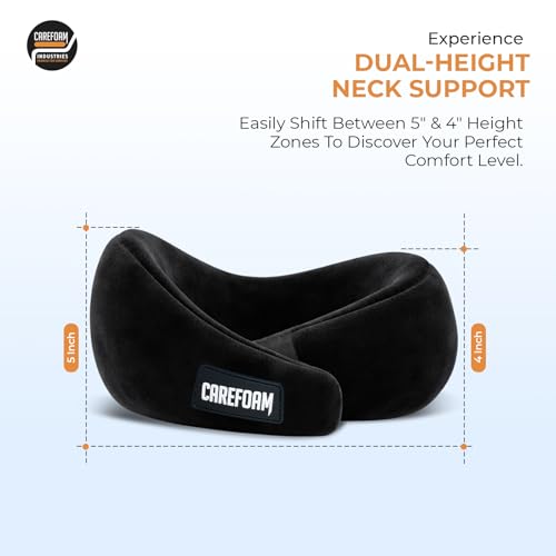 Image of CareFoam Virgin Memory Foam Travel Neck Pillow for Airplane, Car & Train - Dual Height (5 inch & 4 inch) 360 Neck Support with Adjustable Velcro Fastening & Ultra-Soft Velvet Cover