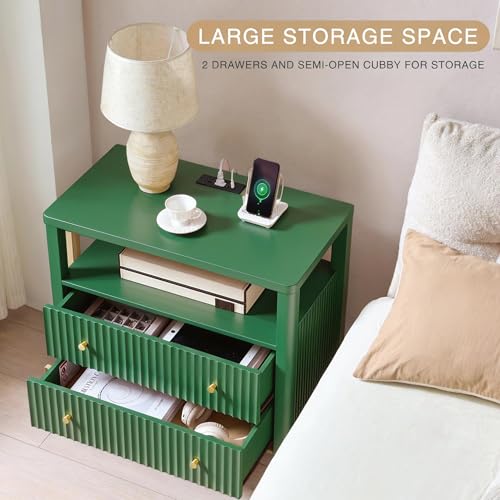 Image of Fluted Nightstand with Charging Station Set of 2, 27.3 inch Tall Modern Bedside Table with 2 Drawers & Open Shelf, Large Wide Wood End Table with Storage & Metal Handle for Bedroom, Green