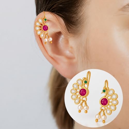 Image of VAMA FASHIONS 18K Gold Plated Anti Tarnish Half Moon Peacock Shape Traditional Maharashtrian Press on Bugadi Upper Ear Clip on Earrings For Women & Girls