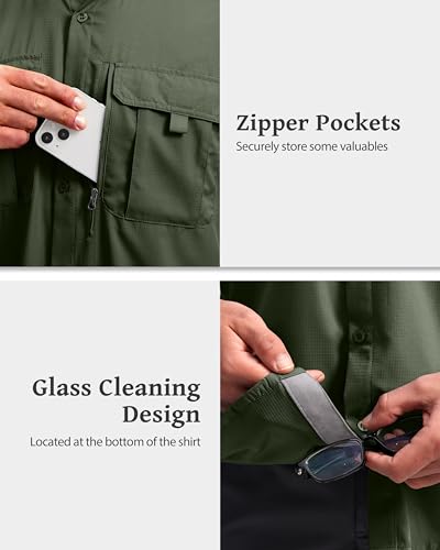 BETBO Men's Short Sleeves Fishing Shirts Button Down Summer Travel Work Shirts with Zipper Pockets(Olive, X-Large) — view 4