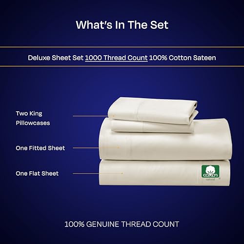 California Design Den Thick and Natural 100% Cotton Sheets King Size Set - Luxury 1000 Thread Count Sateen, Deep Pockets, Soft, Breathable and Durable Bedding Sheet Set - Ivory (Creamy Beige Tone)