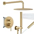 BESy Shower System with 10 Inch Round Rain Shower Head and Handheld Wall Mounted, High Pressure Rainfall Shower Faucet Fixture Combo Set with 2 in 1 Handheld Showerhead for Bathroom, Brushed Gold