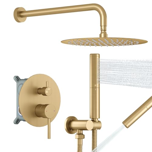 Image of BESy Shower System with 10 Inch Round Rain Shower Head and Handheld Wall Mounted, High Pressure Rainfall Shower Faucet Fixture Combo Set with 2 in 1 Handheld Showerhead for Bathroom, Brushed Gold