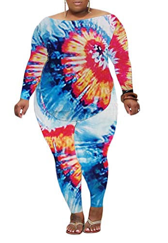 Stretch Two Piece Outfits for Women Plus Size Tie Dye Printed Tops + Bodycon Long Pants Lounge Sets Tracksuits Sportswear 3X