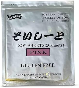Shirakiku Pink Sushi Soy Wrapper- Authentic Japanese Gluten-Free Wraps for Tofu, sushi | Soy Proteins, Corn Starch, Rice Powder, and Cochineal Extract | Easy to Use 20 Sheets - (3.52 Oz)