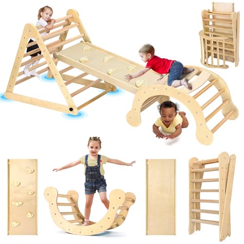 Image of YOLEO Large Pikler Triangle Set 7-in-1, Montessori Climbing Toys for 1+ Year Old w/t Sturdy Base and Adjustable Height, Quick-Fold Toddler Climbing Toys Indoor Playground and Fun Jungle Gym for Kids
