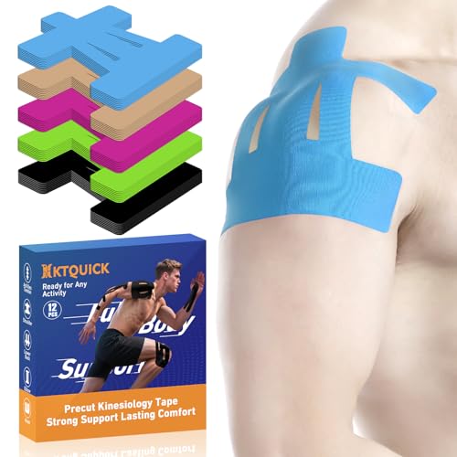 Image of Kinesiology Tape for Shoulder Precut, 12 PCS Shoulder Tape for Pain Relief, KTQUICK Original Cotton Waterproof & Breathable, Enhance Elastic Sports Tape for Pain Support and Muscle Sports, Blue