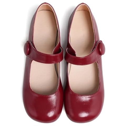 Dear Time Women's Round Toe Mary Jane Strap Flat Shoes, Cute Lolita Uniform Shoes, Soft Cushion Ballet Flats for Women Red Size 7.5 Cover