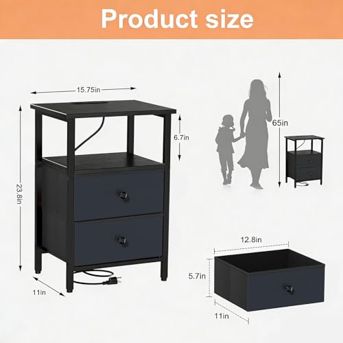 Image of Nightstand with Charging Station, Bedside End Table with 2 Fabric Drawers for Bedroom, Side Table with USB Ports and Outlets (Black)