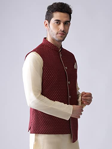 Image of KISAH Men's Cream Jacquard Silk Blend Nehru Jacket- Traditional Indian Waistcoat for Weddings & Royal Parties