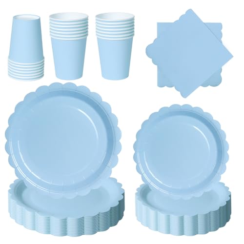 PYAILI 96 Piezas Azul Morandi Vajilla Fiesta Cumpleaños, Platos y Vaso Cumpleaños Infantil, Set de Party Decoración Platos Servilletas para Navidad, Barbacoas, Fiestas -24 Invitado