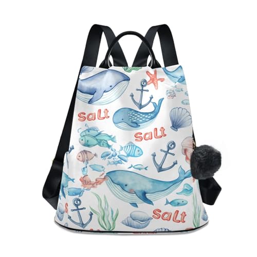 Sac à dos antivol bleu et blanc motif baleines pour femme idéal pour le voyage