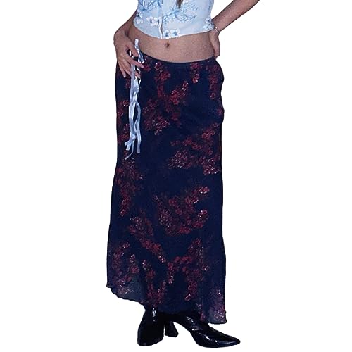 Women Vintage Long Skirt Casual High Waist Side Split Skirts Retro Floral Print Slim Fit Half Dress Sundress Streetwear2