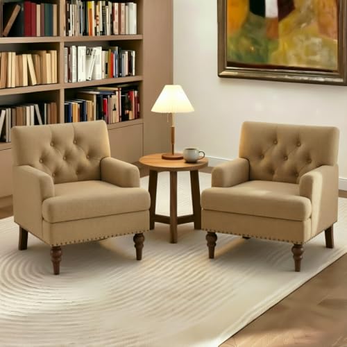 Image of MALOL Upholstered Accent Chairs Set of 2, Mid Century Modern Living Room Bedroom Reading Chair with Thick Cushion & Solid Rubberwood Legs, Comfy Armchair for Small Spaces, Brown
